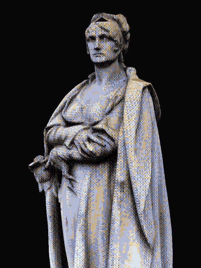 The same statue in the PSX-style 3D view, with a dithered low-color texture