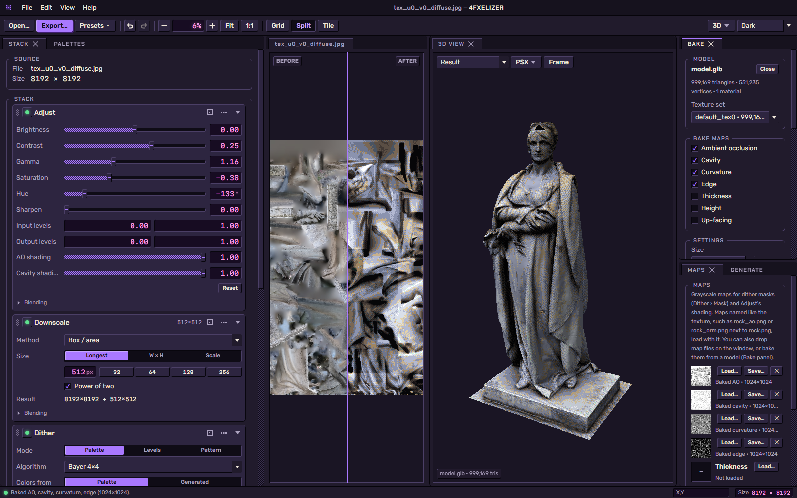 4FXELIZER in the Dark theme, 3D workspace: the stack, the statue texture before and after, the 3D view and the bake panel