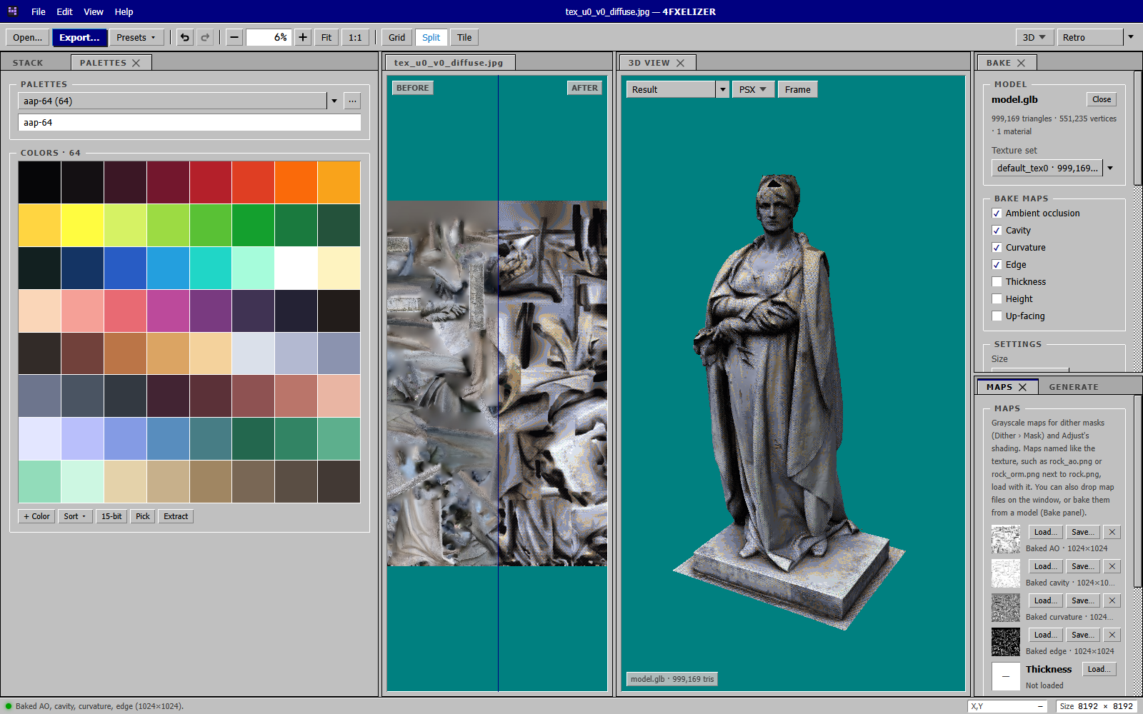 The same workspace in the Retro theme, with the palette and maps panels in front